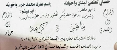 يدعوكم ابن العم راسم عارف محمد جرار ابوهيثم لحضور حفل اشهار خطوبة كريمتة 